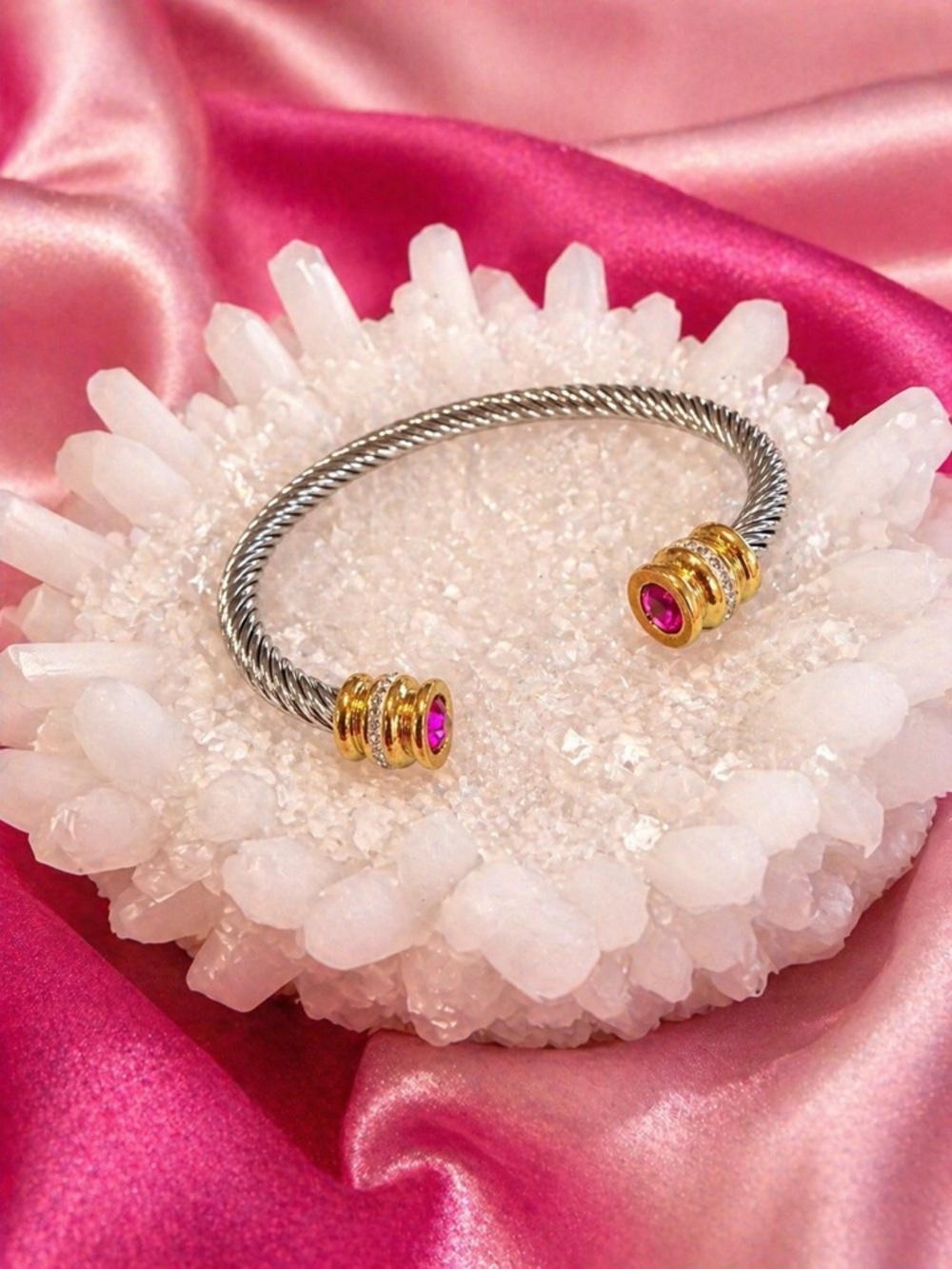 Olive+Grace,  Gold Accent Silver Cable Cuff Bracelet with Pink Gemstone Ends